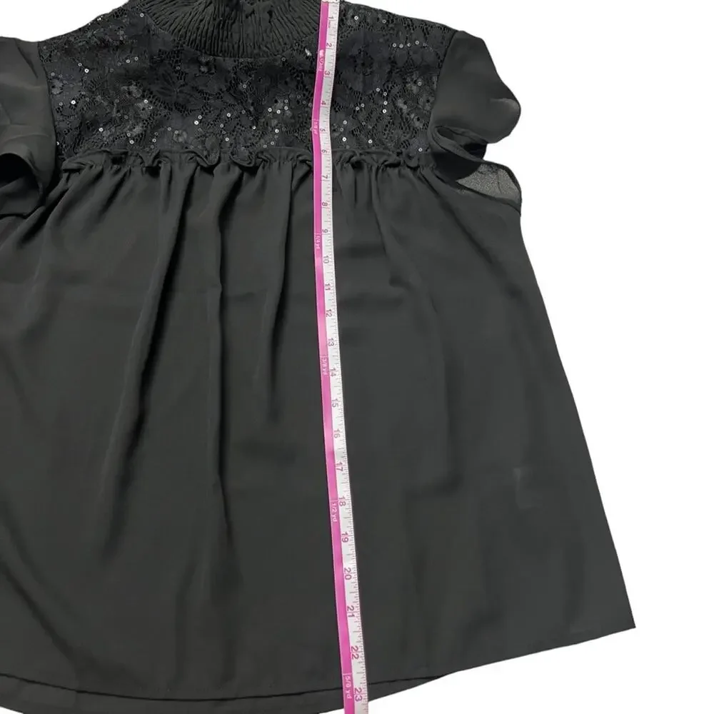 Reese women Medium Blouse Black Sparkle Lace Sheer flutter sleeve Goth Wednesday - Picture 14 of 15